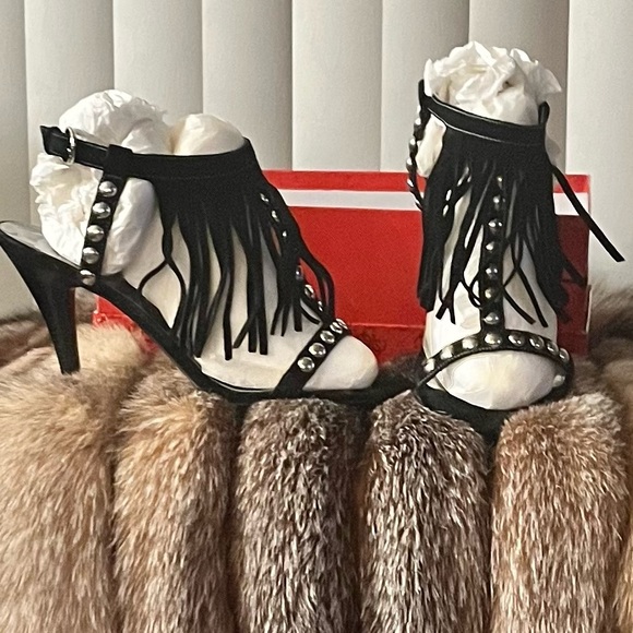 Guess by Marciano Black and Silver Studded Fringe Heels - Picture 1 of 3